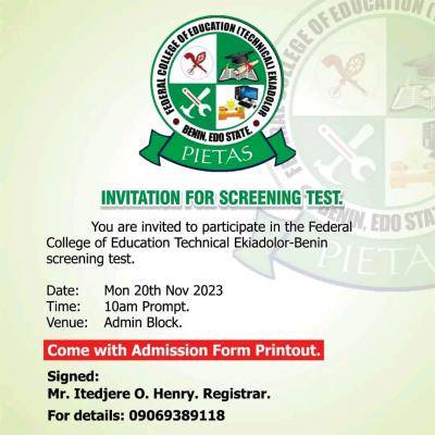 Fed College of Education (Tech) Ekiadolor invitation for screening test