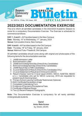 BUK announces documentation exercise for admitted students, 2022/2023