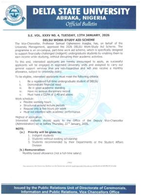 DELSU announces 2026 Work-Study Aid Scheme for students