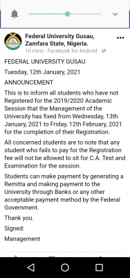 Federal University, Gusau notice to students on 2019/2020 registration deadline