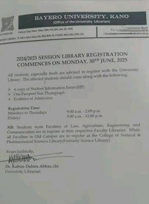 BUK issues notice to students on library registration, 2024/2025