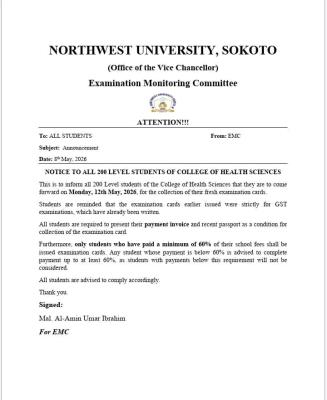 Northwest University issues important notice to 200L College of Health Sciences students
