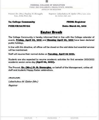 FCE Eha-amufu notice on Easter break