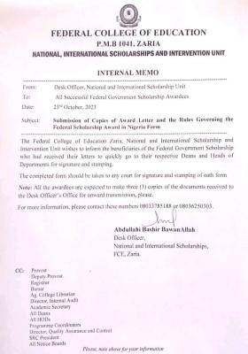 FCE Zaria notice to all Successful Federal Government Scholarship Awardees