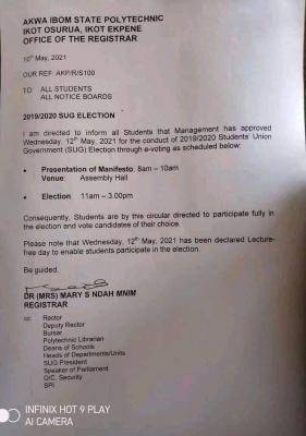 Akwa Poly notice on SUG elections, 2019/2020
