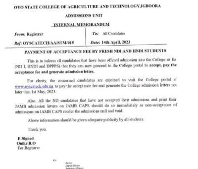 OYSCATECH payment of acceptance fee by fresh ND I & HND I students