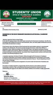UNIUYO SUG bans use of permanent markers by students in all lecture halls across the campus