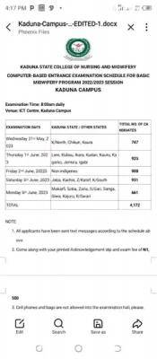 Kaduna State College Of Nursing and Midwifery CBT entrance exam schedule for 2022/2023 session