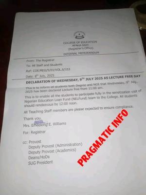 College of Education, Afaha-Nsit declares Wednesday, 9th July as lecture free day