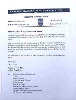 Emmanuel Alayande College of Education notice on inter-semester break