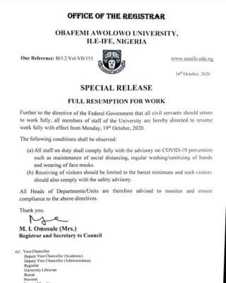 OAU ife issues a resumption notice to staff