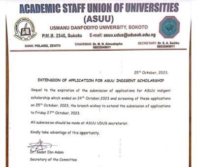 UDUS branch of ASUU extends deadline for scholarship application scheme -2023