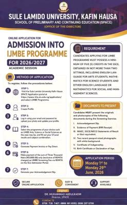 Sule Lamido University IJMBE Programme Admission form, 2026/2027