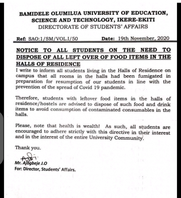 Bamidele Olumilua University of Education, Ikere notice to students occupying halls of residence