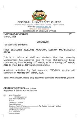 Federal University Dutse Mid-Semester Break for First Semester 2025/2026 Academic Session