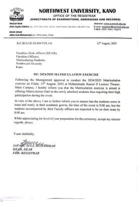 Northwest University Kano announces matriculation ceremony, 2024/2025