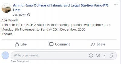 Aminu Kano College of Islamic and Legal studies notice to NCE 3 students
