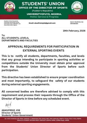 UNIUYO SUG notice to students on external sporting events