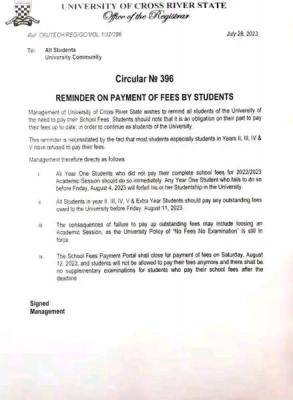 CRUTECH reminder to students on payment of school fees