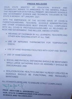 Ogun State Ministry of education notice on resumption of schools