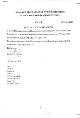 Adamawa State College of Education, Hong rescheduled 1st semester examination