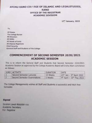 Aminu Kano College of Islamic and Legal Studies notice on commencement of 2nd semester, 2020/2021