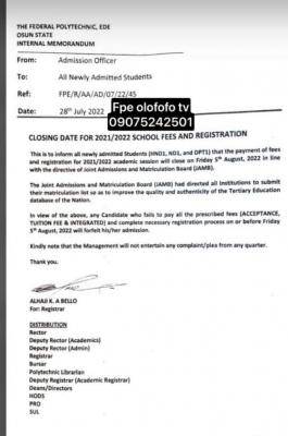 Ede Poly notice to new students on deadline for school fees payment and registration