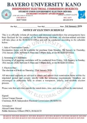 BUK releases SUG election schedule for 2025/2026 session