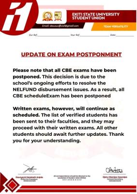 EKSU SUG notice on postponement of CBE exams over NELFUND disbursement issues