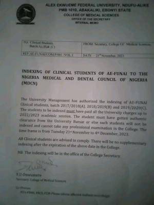 AE-FUNAI notice to clinical students on MDCN indexing