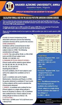 UNIZIK calculation formula for the admission screening exercise, 2023/2024