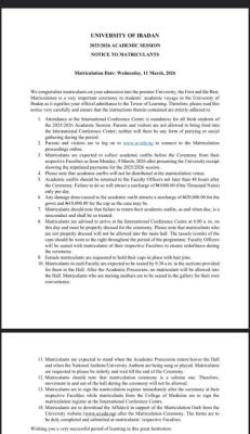 UI announces matriculation date and guidelines for fresh students, 2025/2026