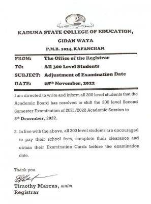 Kaduna COE notice to 300L students on adjustment of examination date