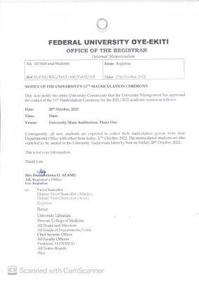 FUOYE 11th Matriculation Ceremony holds tomorrow