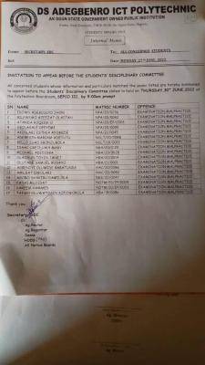 DS Adegbenro Polytechnic list of students summoned to face Disciplinary Committee