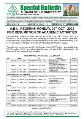 ABU announces resumption of academic activities