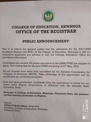 College of Education Akwanga PostUTME Application Deadline 2021/2022