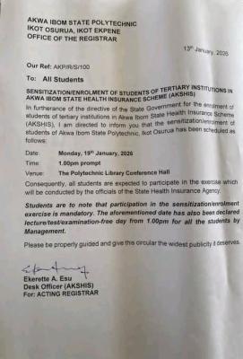 Akwa Poly notice on mandatory AKSHIS sensitization and enrolment for students