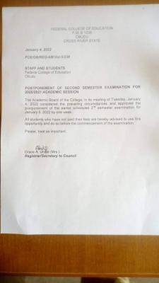 FCE, Obudu postpones second semester examination, 2020/2021