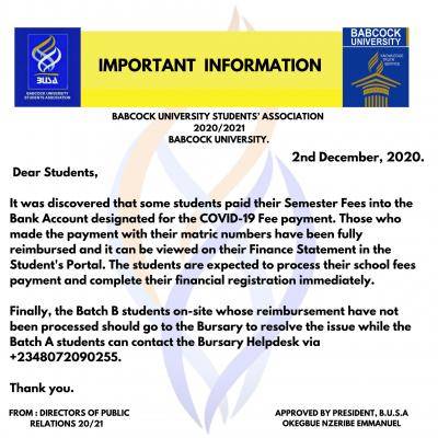 BUSA notice to Students on payment of semester fees