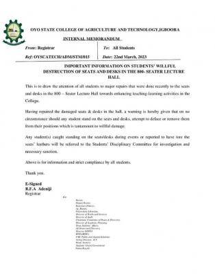 OYSCATECH notice to students