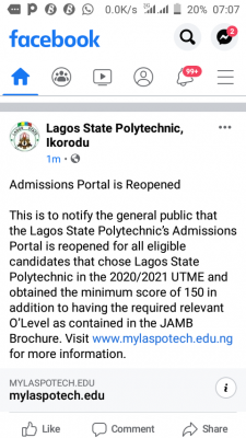 LASPOTECH notice on reopening of Post-UTME portal, 2020/2021