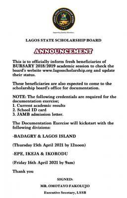Lagos State Scholarship Board notice to fresh beneficiaries