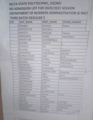 Delta State Poly, Ozoro ND regular 2 3rd batch admission list, 2020/2021