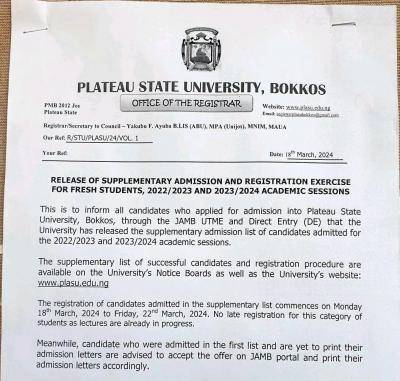 PLASU Supplementary Admission List 2022/2023 & 2023/2024 is out as registration exercise commences