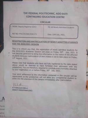 Fed Poly Ado-Ekiti notice to newly admitted part time students