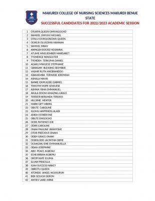 Makurdi College of Nursing Sciences Admission list, 2022/2023