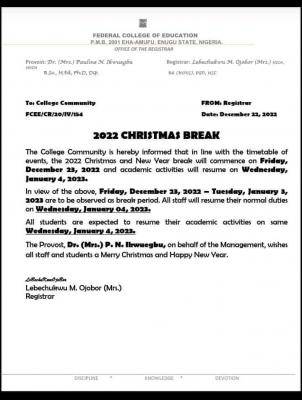 FCE Eha-Amufu notice on 2022 Christmas Break