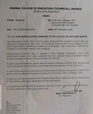 FCE (Tech.) Umunze notice on 31st/9th joint matriculation ceremony for 2019/2020 session