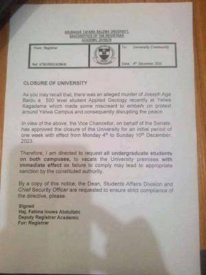 ATBU notice on closure of university